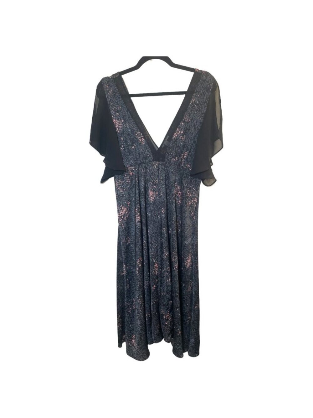 Halston Size XL Black Gray Pink Animal Print Deep V Flutter Sleeve Midi Dress